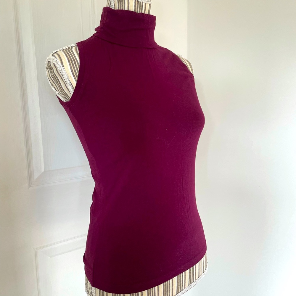 Turtleneck sleeveless top in plum.